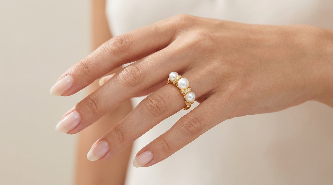 Trinity Crown Ring – Gold Pearl Statement Ring