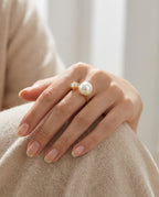 Celestial Dual Pearl & Crystal Ring – Gold Plated Open Ring for Women | Adjustable Statement Ring