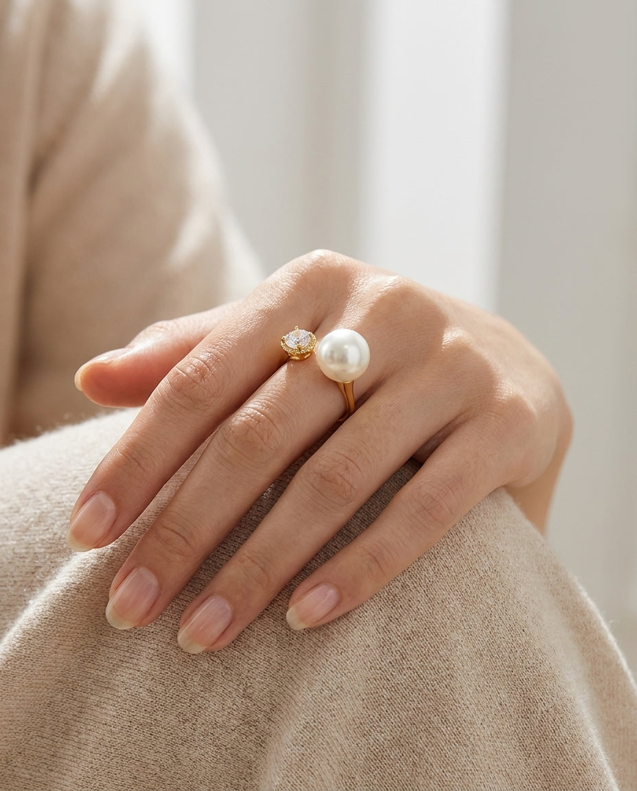 Celestial Dual Pearl & Crystal Ring – Gold Plated Open Ring for Women | Adjustable Statement Ring