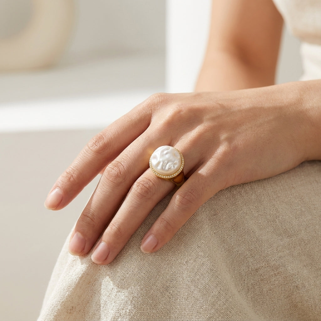 Solstice Baroque Pearl Ring – Gold Adjustable Statement Ring