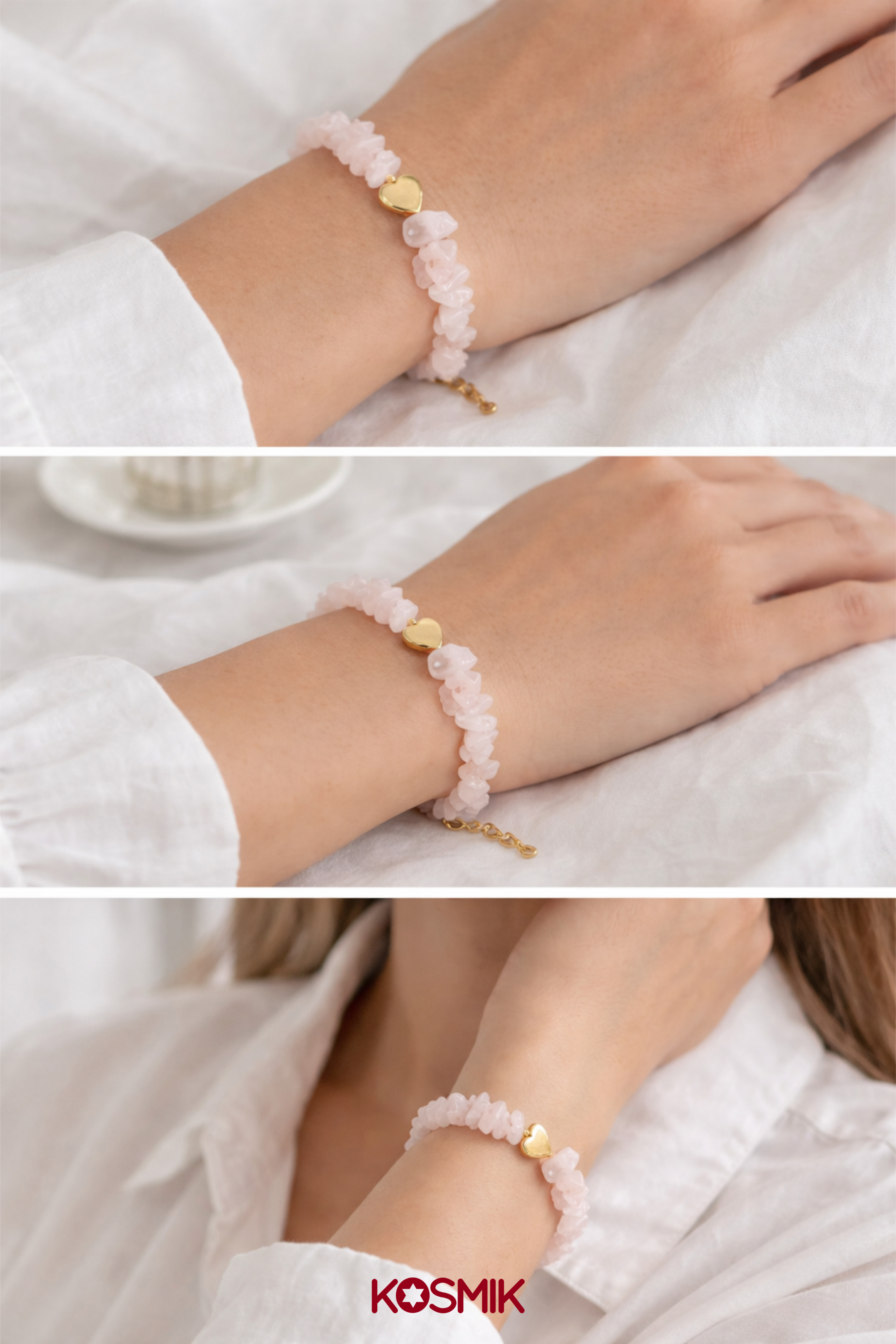 Rose Quartz Bracelet with Gold Heart Charm