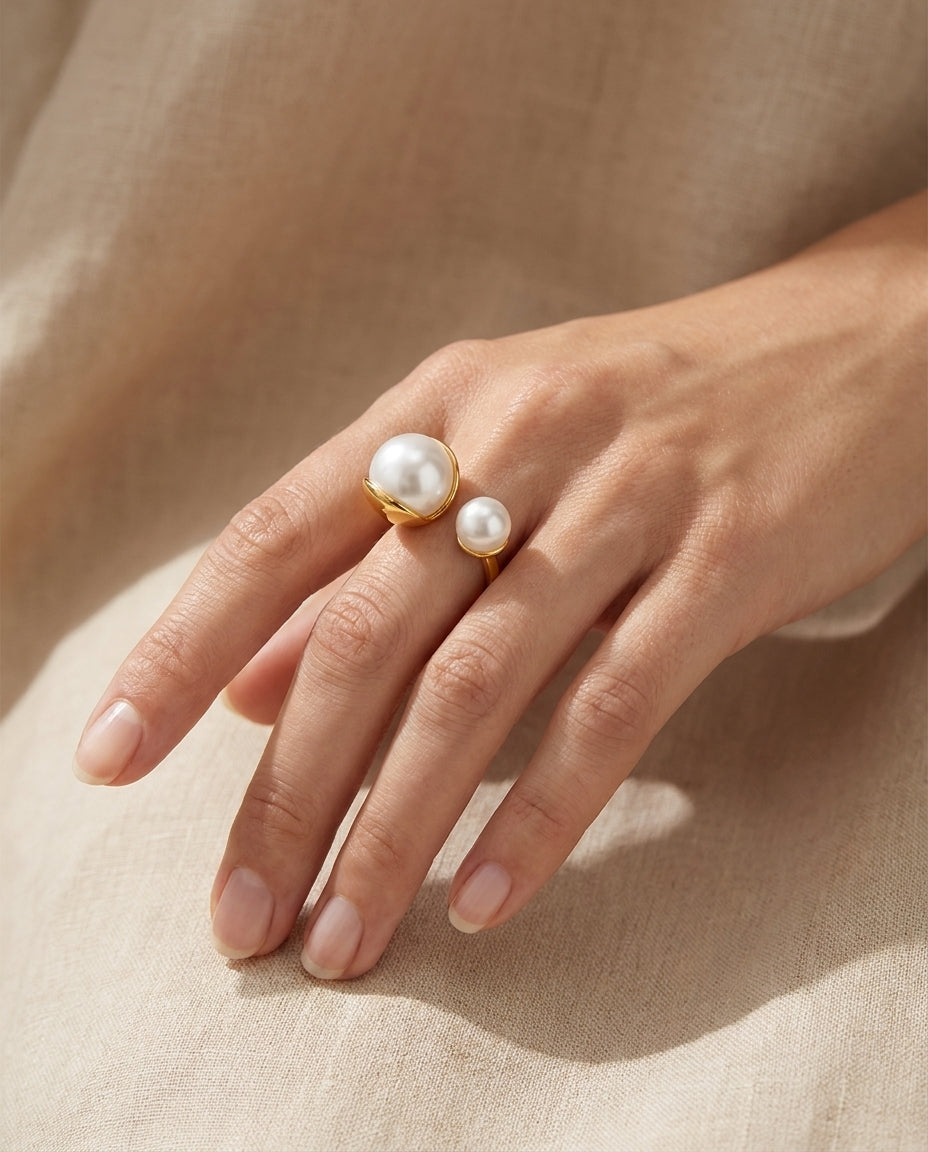 Eclipse Pearl Open Ring – Gold Plated Adjustable Statement Ring