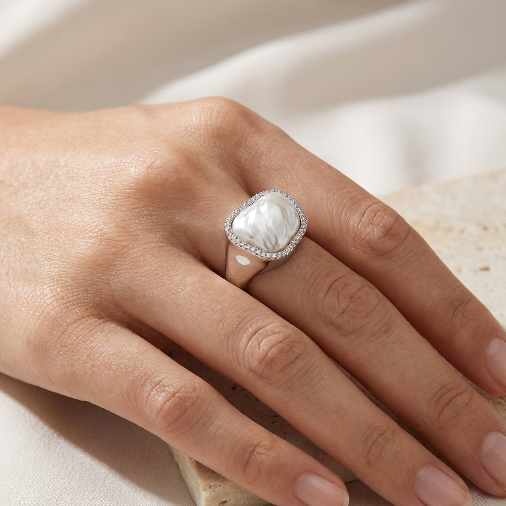 Nova Halo Baroque Pearl Ring – Silver Adjustable Statement Ring