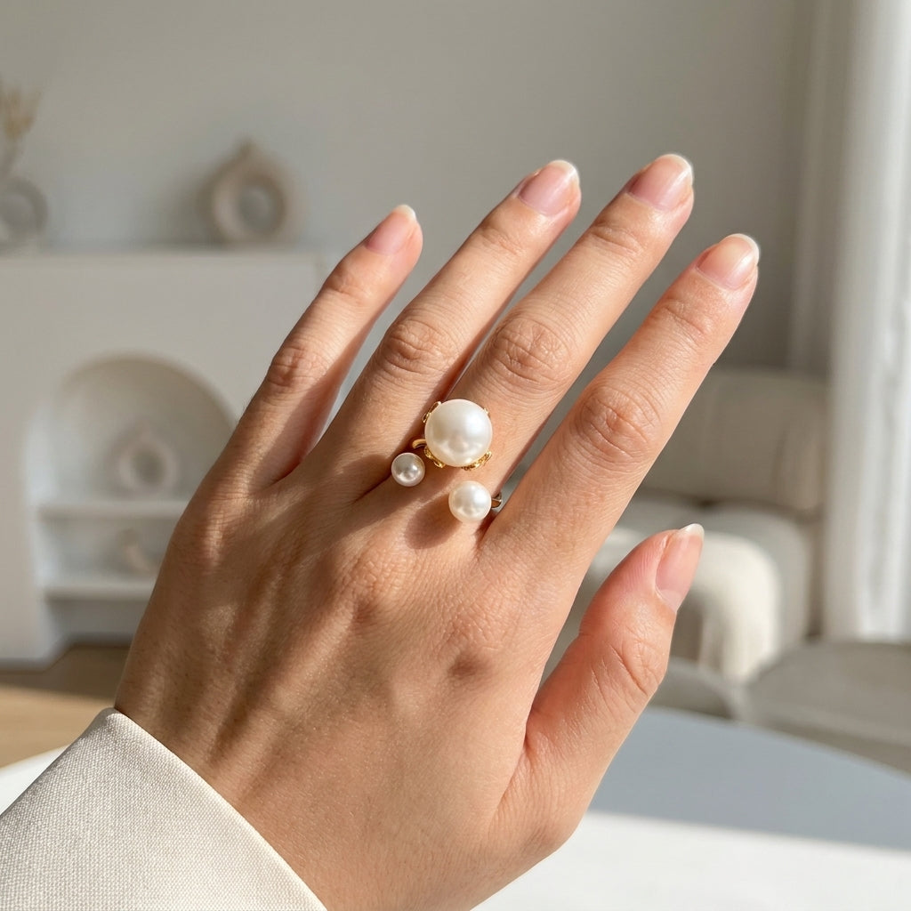 Orbital Pearl Statement Ring – Gold Adjustable Triple Pearl Ring