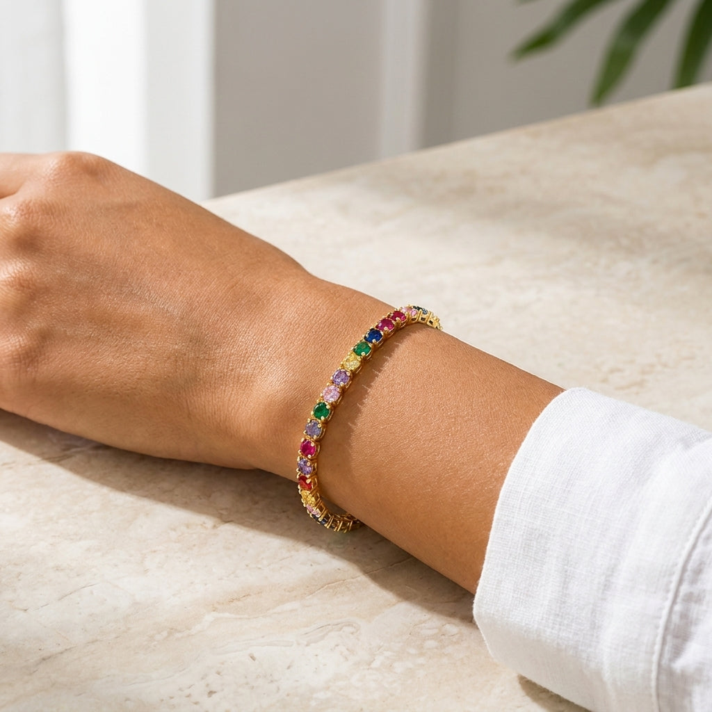 Rainbow Tennis Bracelet – Gold Plated Multicolor Crystal Bracelet for Women