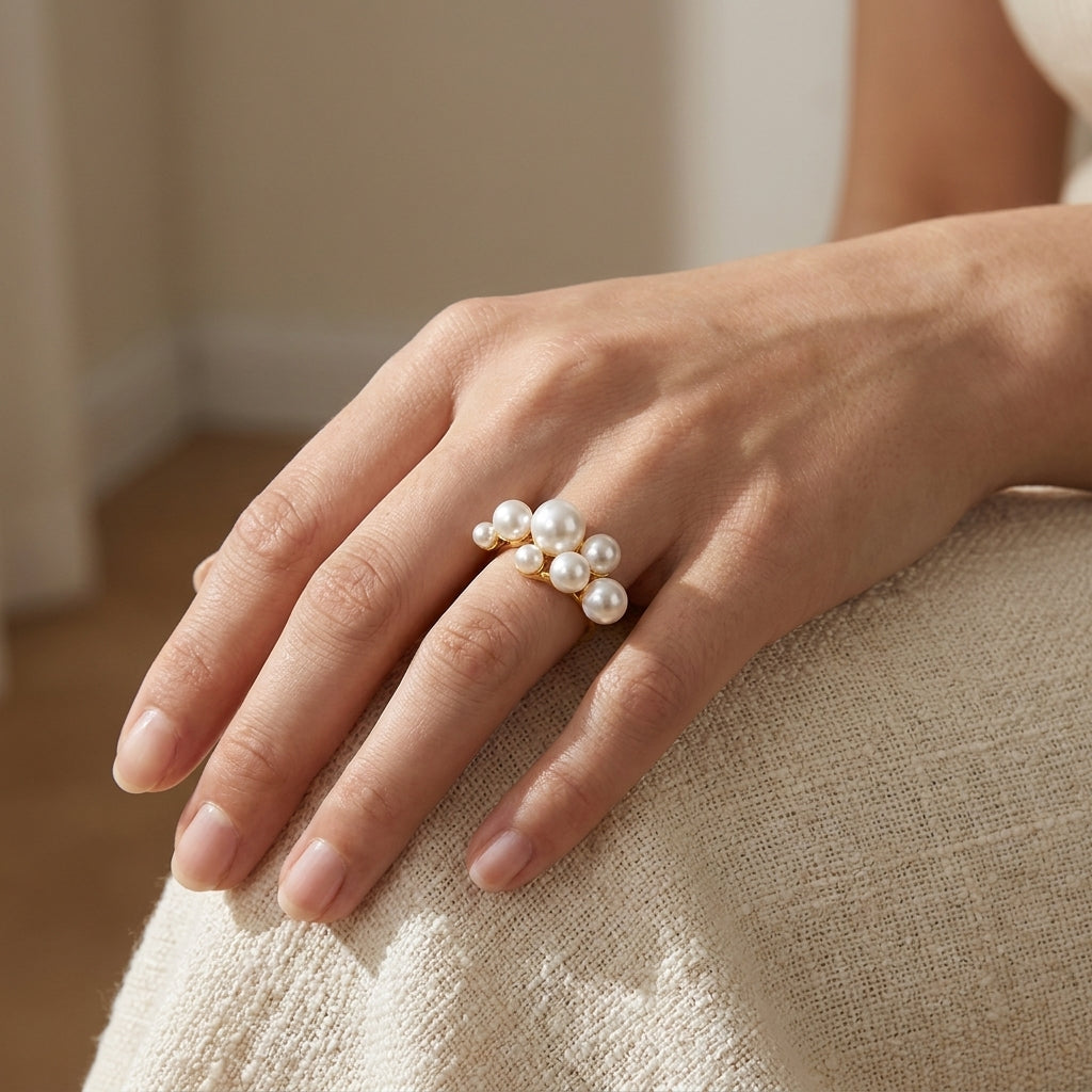 Stellar Cluster Pearl Ring – Gold Multi Pearl Statement Ring