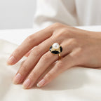 Aura Bloom Pearl Statement Ring – Gold Plated Floral Design | Black & White Enamel Luxury Ring