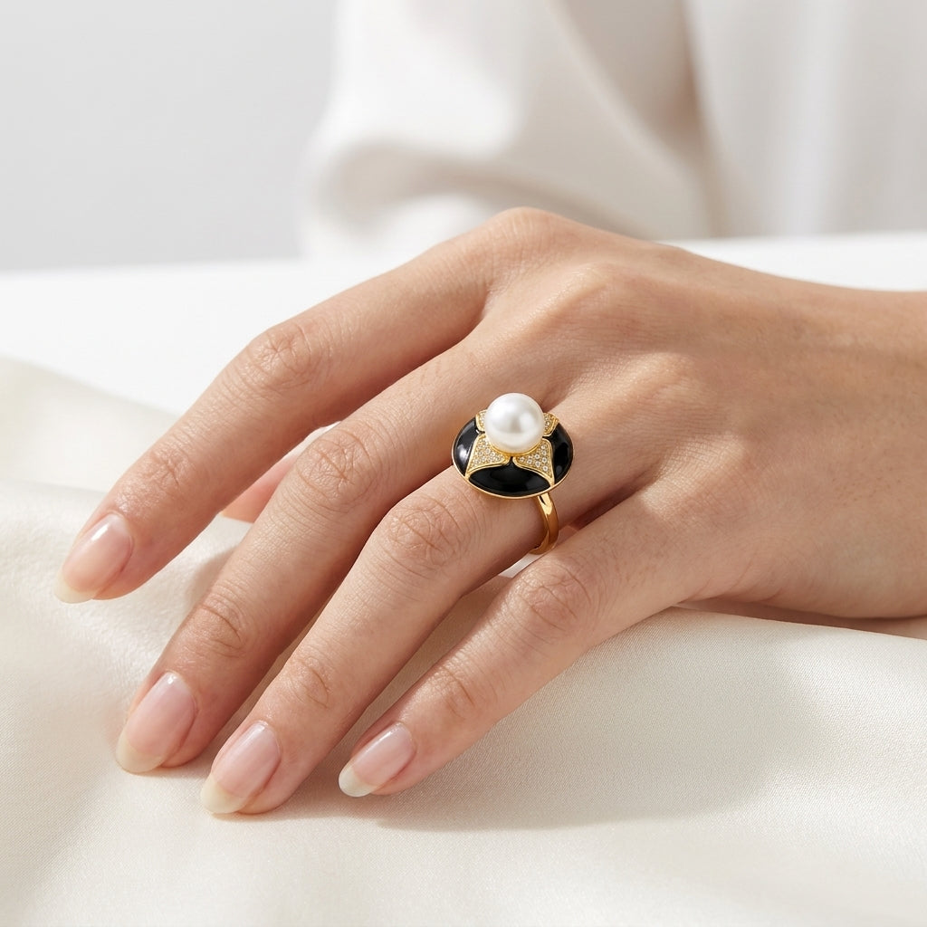 Aura Bloom Pearl Statement Ring – Gold Plated Floral Design | Black & White Enamel Luxury Ring