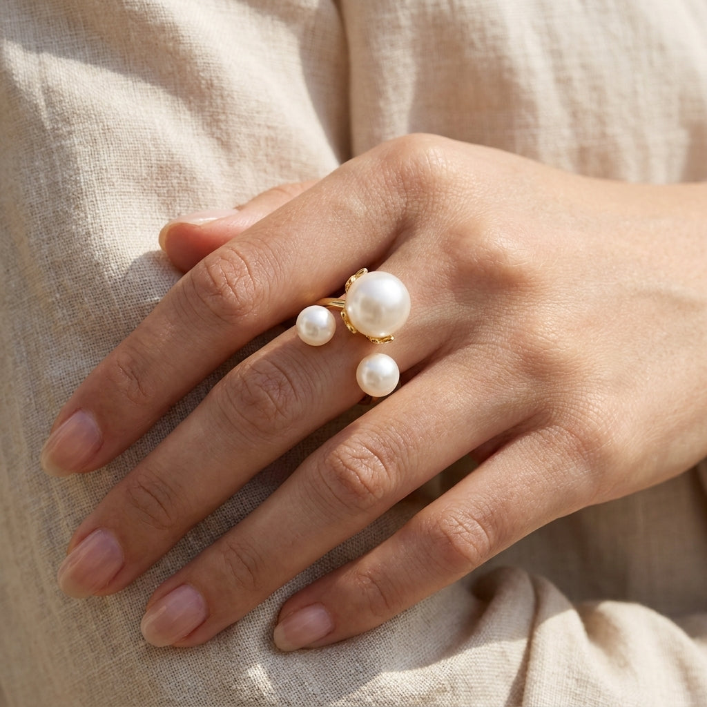 Orbital Pearl Statement Ring – Gold Adjustable Triple Pearl Ring