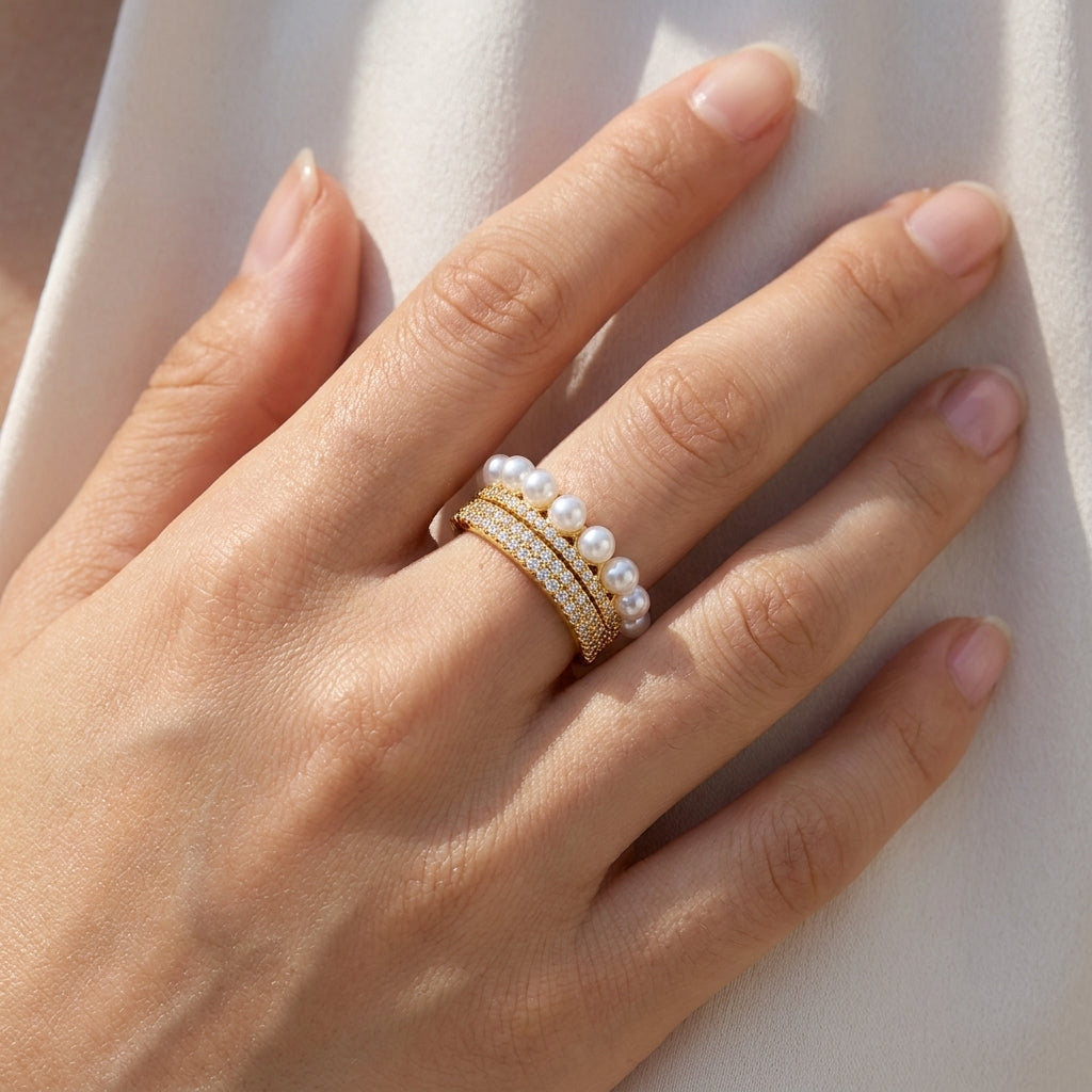 Halo Pearl Crystal Ring – Gold Adjustable Statement Ring