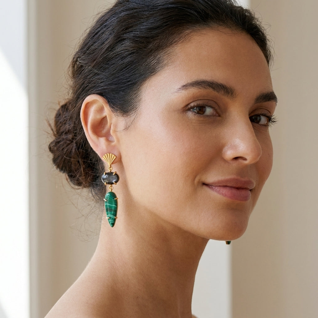 Malachite & Hematite Statement Earrings in 18K Gold Plated Brass | Green Stone Drop Earrings