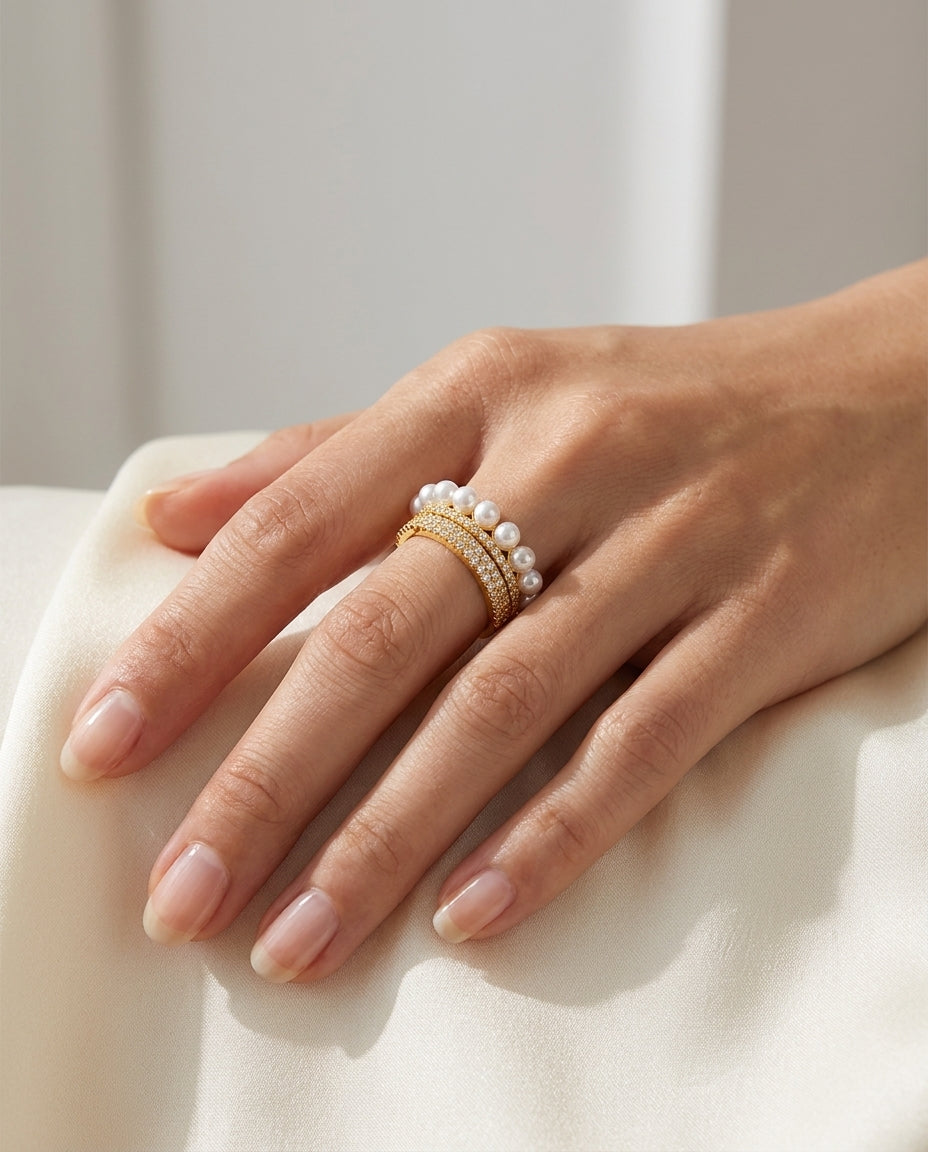 Halo Pearl Crystal Ring – Gold Adjustable Statement Ring