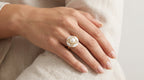 Aura Bloom Pearl Statement Ring – Gold Plated Floral Design | Black & White Enamel Luxury Ring