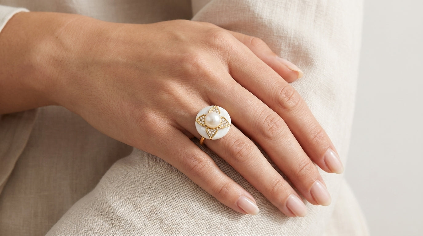Aura Bloom Pearl Statement Ring – Gold Plated Floral Design | Black & White Enamel Luxury Ring