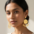 Gold Disc Statement Earrings with Dangling Charms | Textured Boho Designer Earrings