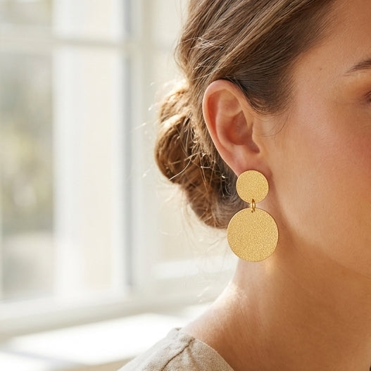 Textured Gold Disc Drop Earrings in 18K Gold Plated Brass | Minimal Statement Round Earrings
