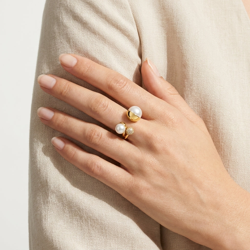 Kosmik Trinity Pearl Ring – Gold Adjustable Luxe Statement Ring