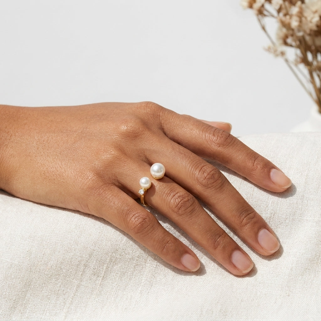 Duo Luxe Pearl Open Ring – Gold Plated Adjustable Pearl Statement Ring