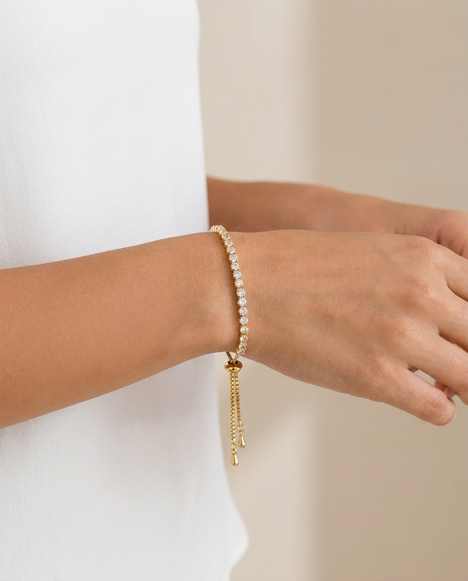 Adjustable Pull-Up Bracelet for Women - Crystal Tennis Slider Bracelet - Gold, Silver and Rose Gold Finish