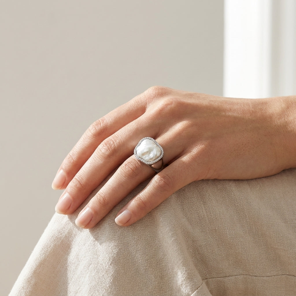 Nova Halo Baroque Pearl Ring – Silver Adjustable Statement Ring