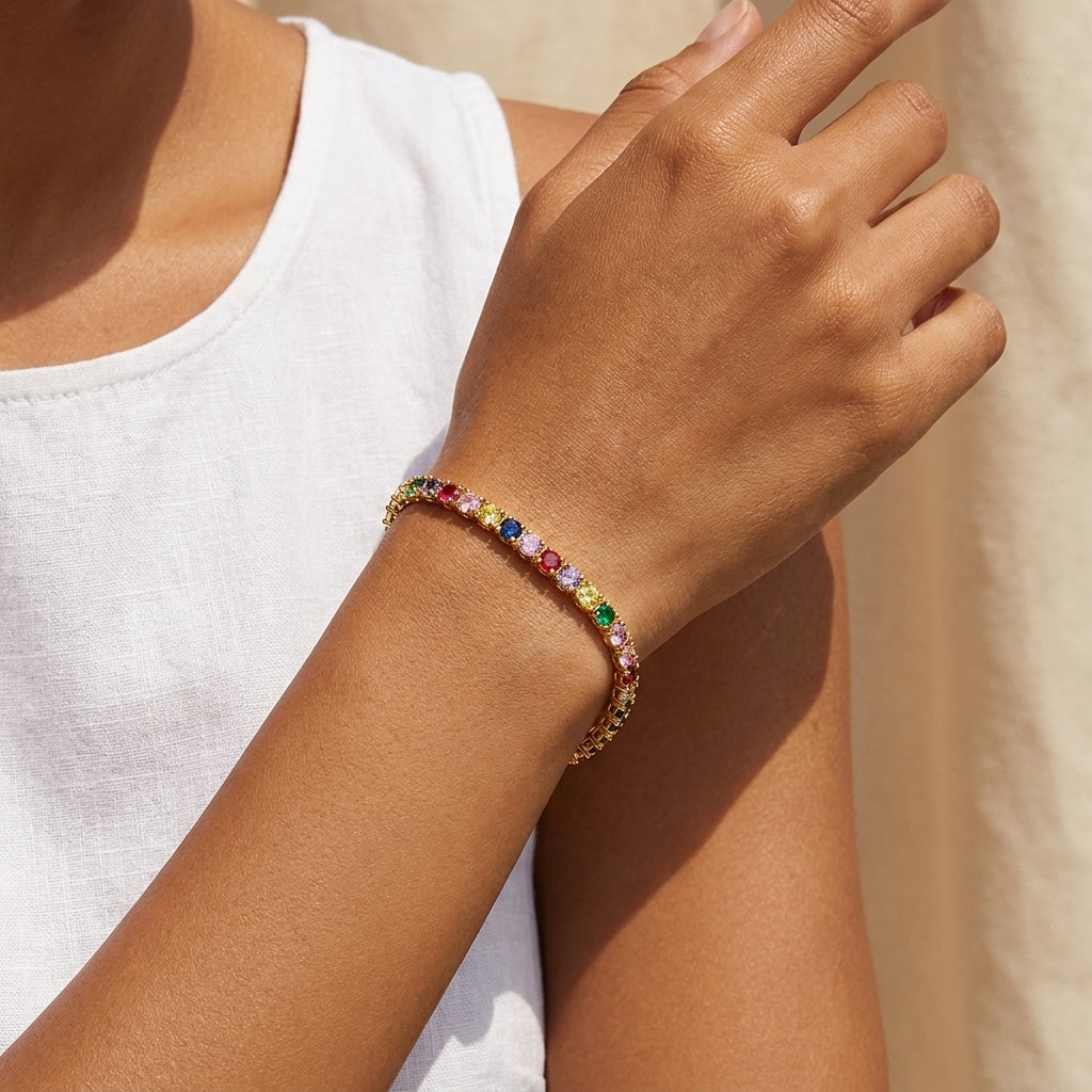 Rainbow Tennis Bracelet – Gold Plated Multicolor Crystal Bracelet for Women