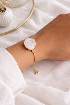 Gold Adjustable Bracelet with Natural Stone | White & Purple Druzy Statement Bracelet