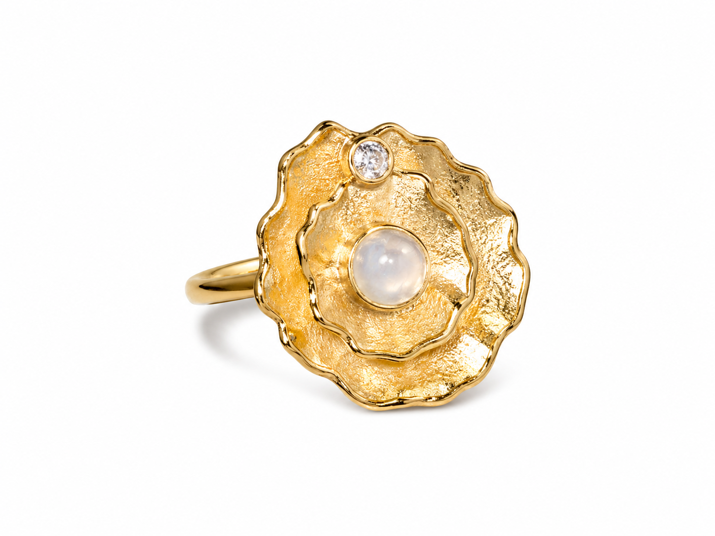 Moonstone Statement Ring – 18K Gold Plated Brass Floral Ring for Women | Elegant Adjustable Jewelry