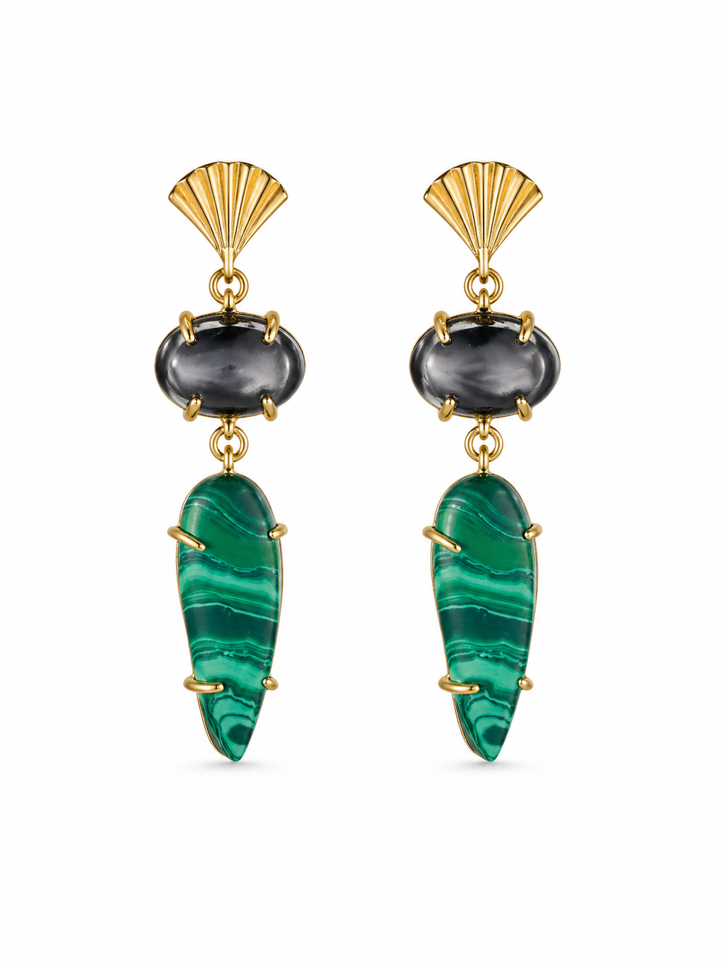Malachite & Hematite Statement Earrings in 18K Gold Plated Brass | Green Stone Drop Earrings