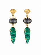 Malachite & Hematite Statement Earrings in 18K Gold Plated Brass | Green Stone Drop Earrings