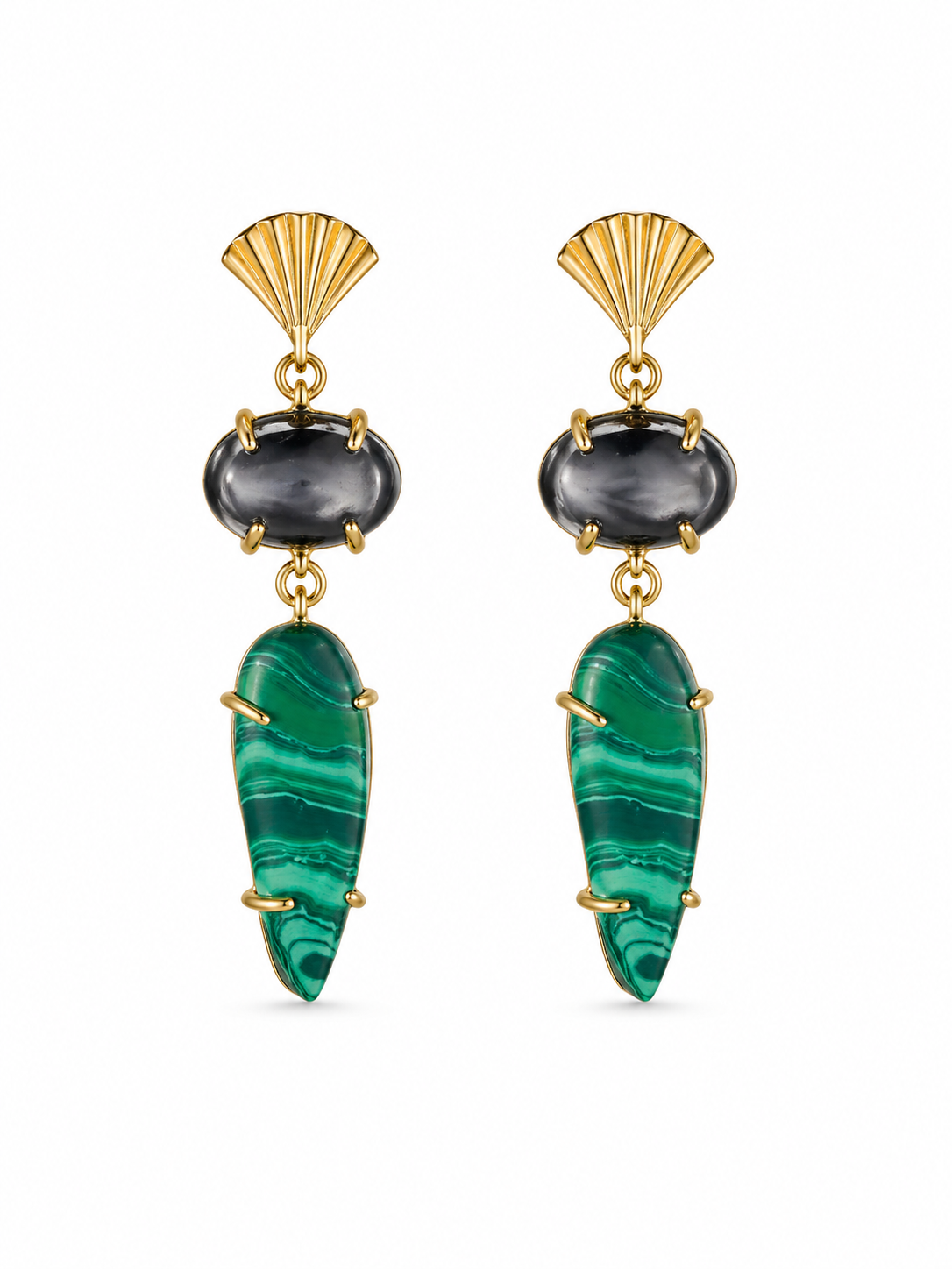 Malachite & Hematite Statement Earrings in 18K Gold Plated Brass | Green Stone Drop Earrings