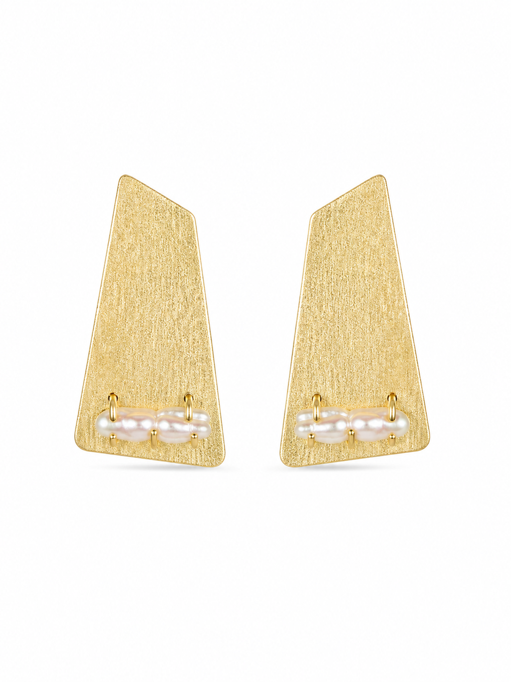 Gold Pearl Geometric Earrings in 18K Gold Plated Brass | Textured Statement Earrings with Pearl Detail