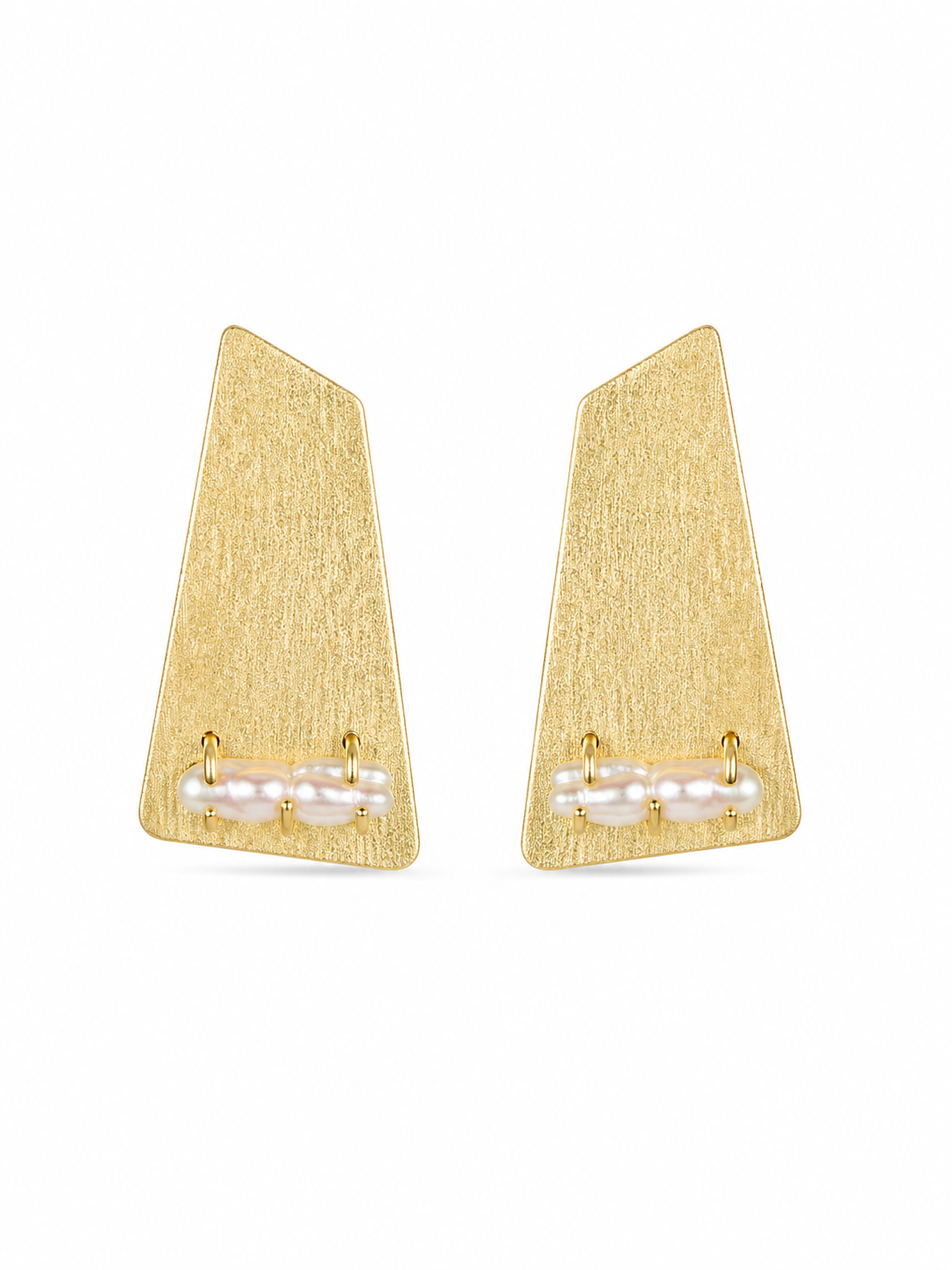 Gold Pearl Geometric Earrings in 18K Gold Plated Brass | Textured Statement Earrings with Pearl Detail