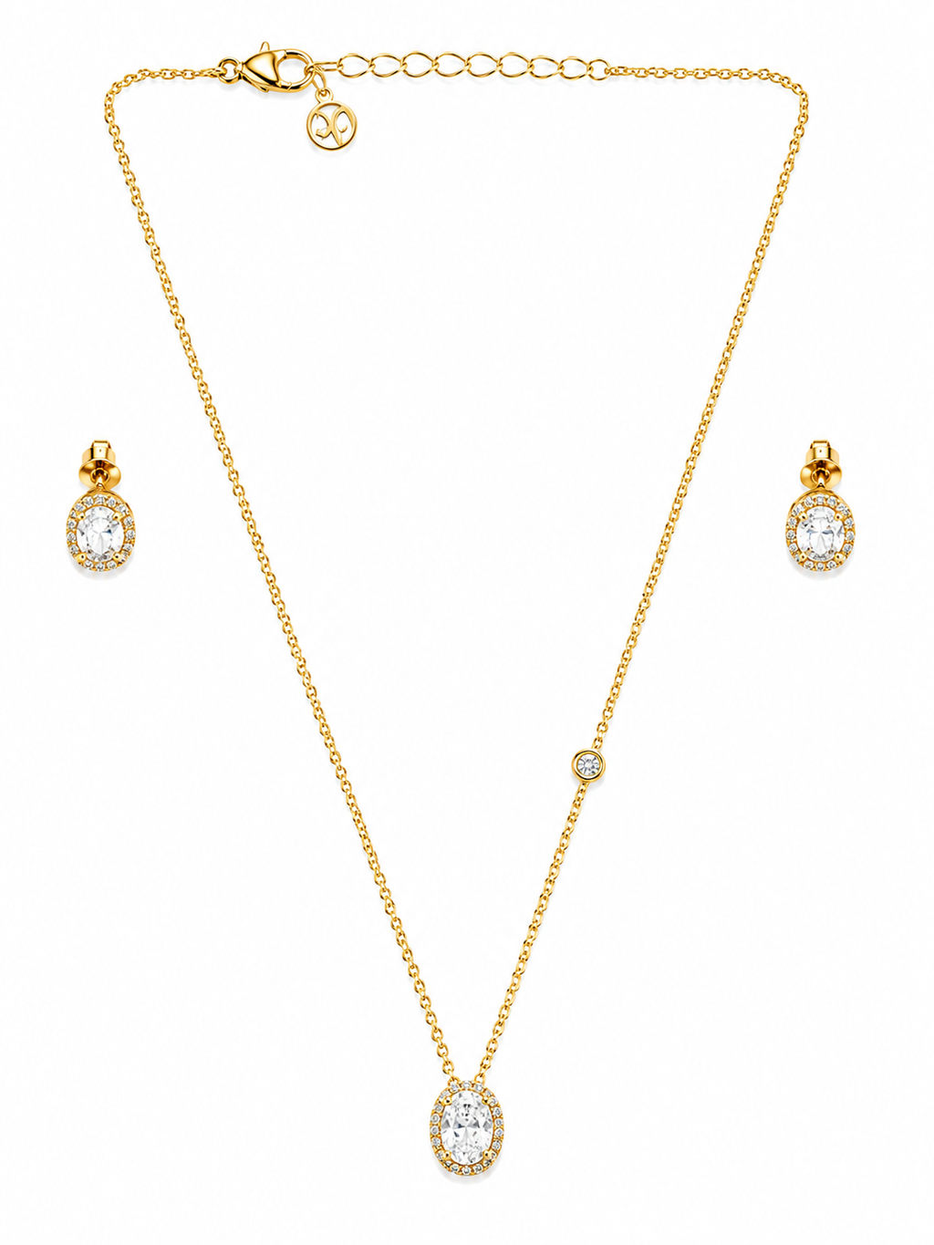 Elegant Oval Crystal Necklace & Stud Earrings Set in Gold | Minimal Jewelry Set for Women