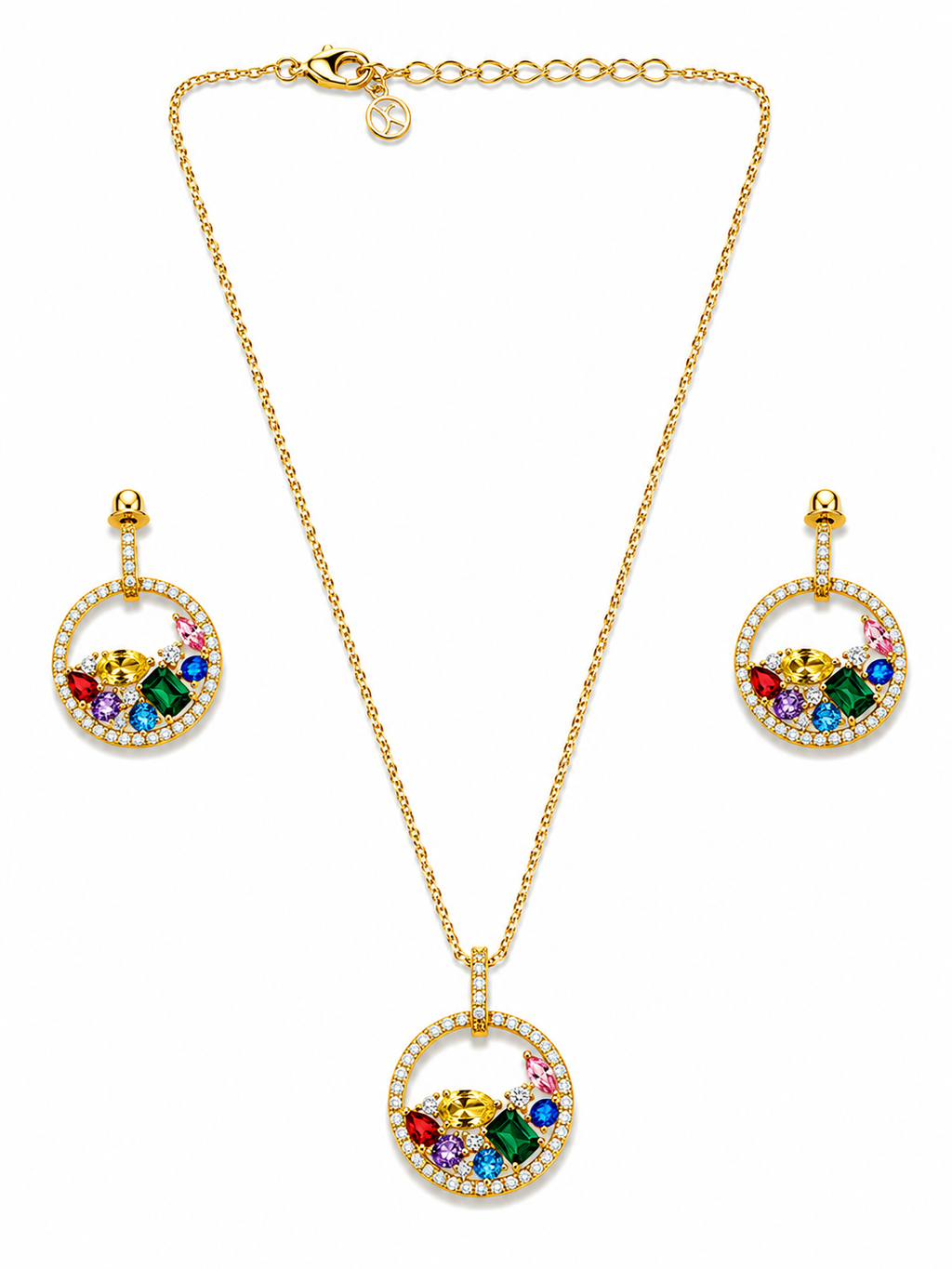 Rainbow Crystal Pendant Necklace & Earrings Set – Elegant Gold Jewelry Set