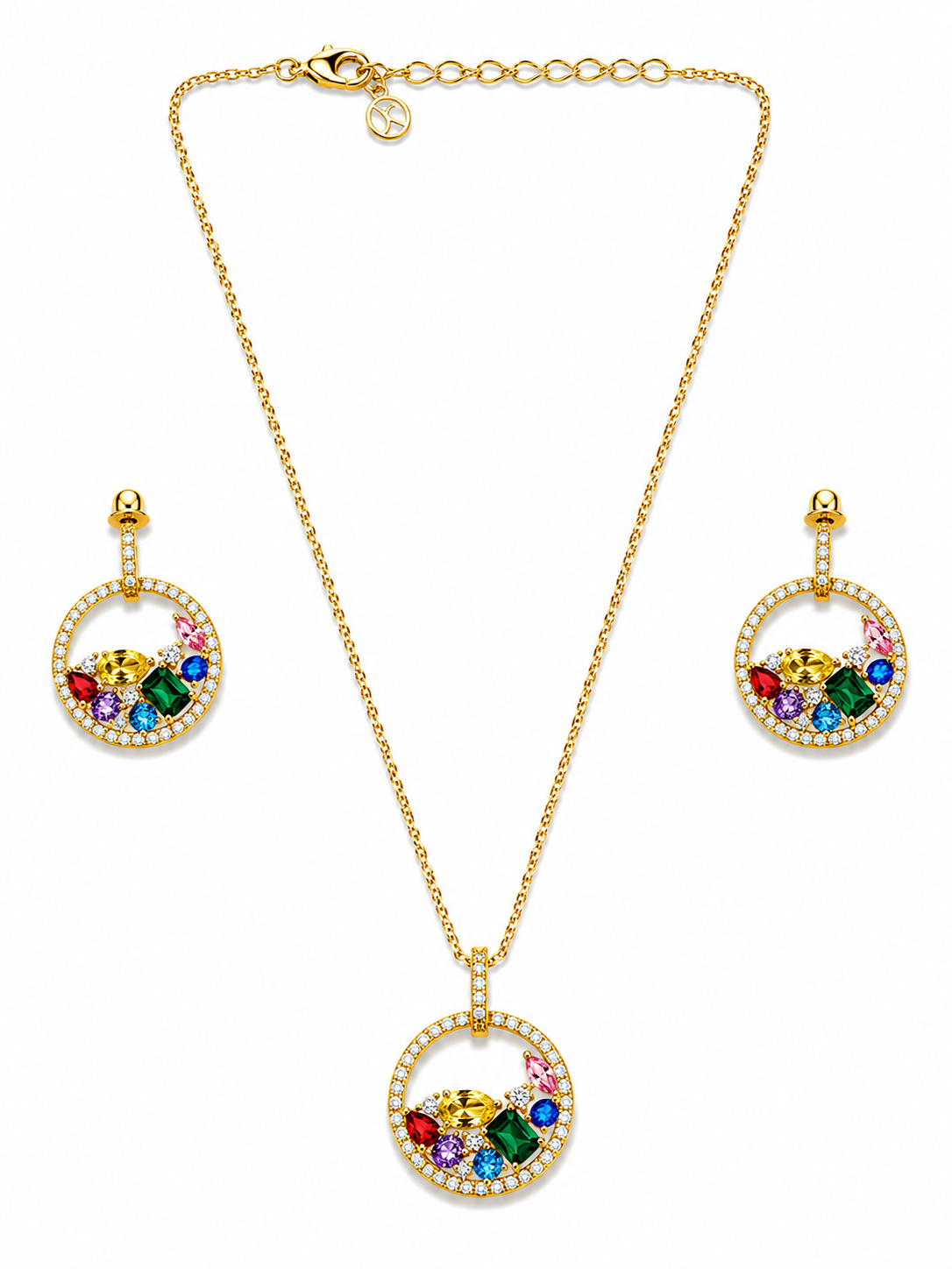 Rainbow Crystal Pendant Necklace & Earrings Set – Elegant Gold Jewelry Set