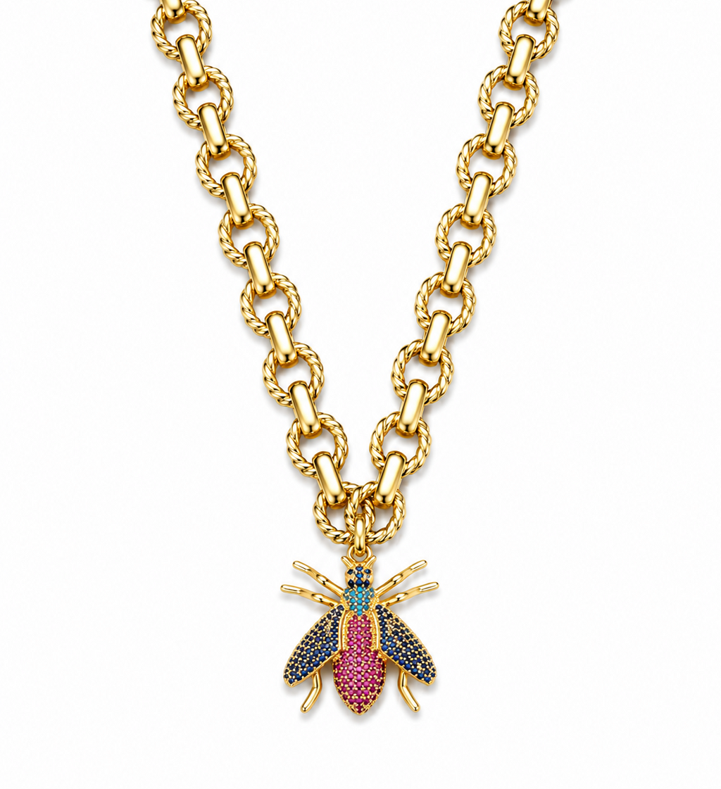 Statement Bee Charm Chain Necklace in Gold | Luxury Chunky Pendant Necklace for Women