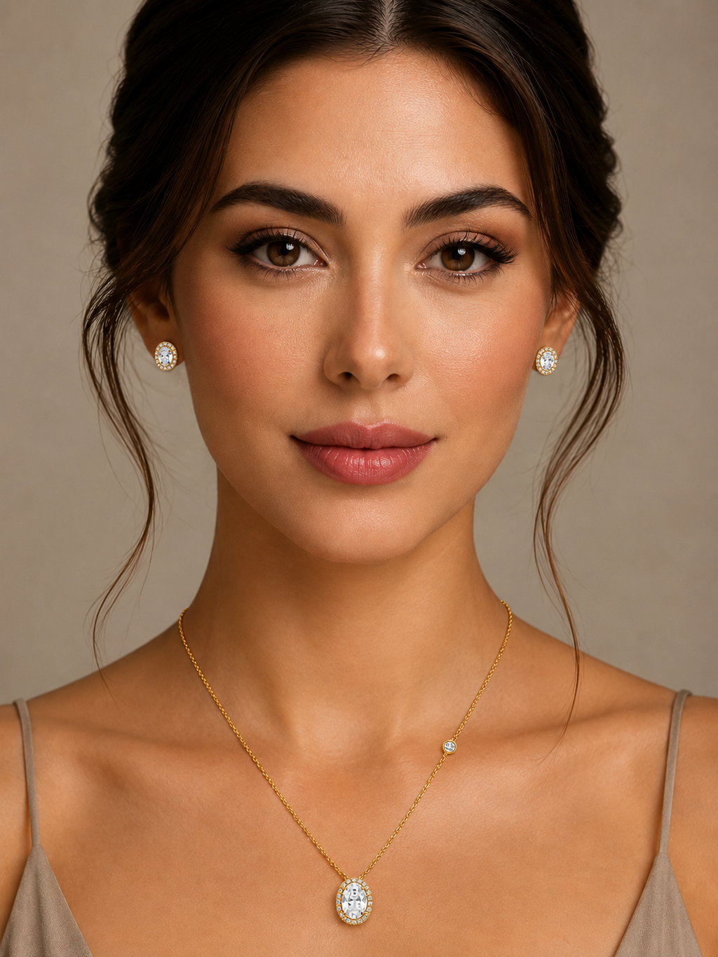 Elegant Oval Crystal Necklace & Stud Earrings Set in Gold | Minimal Jewelry Set for Women
