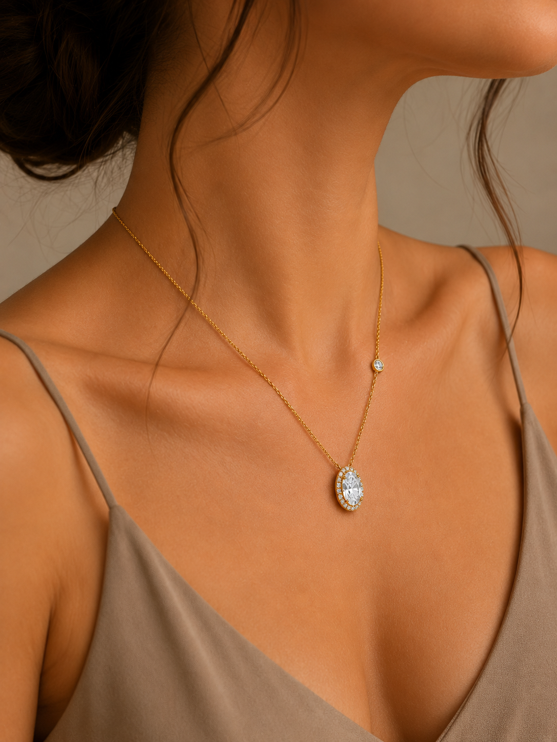 Elegant Oval Crystal Necklace & Stud Earrings Set in Gold | Minimal Jewelry Set for Women