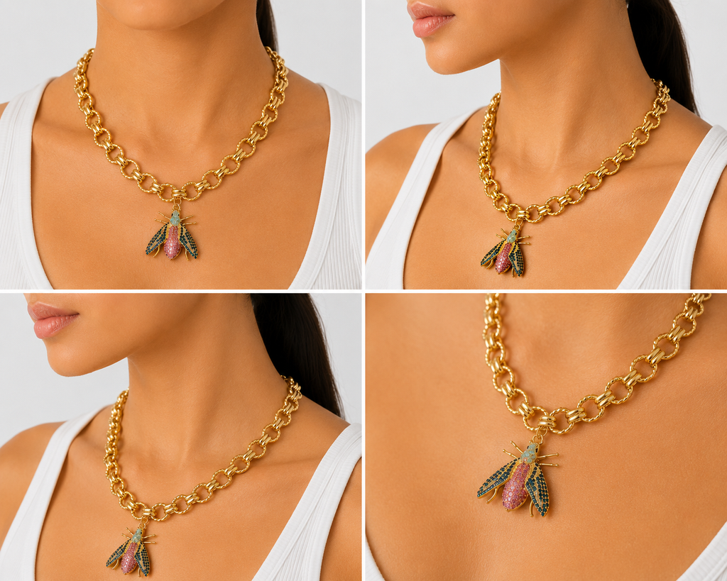 Statement Bee Charm Chain Necklace in Gold | Luxury Chunky Pendant Necklace for Women