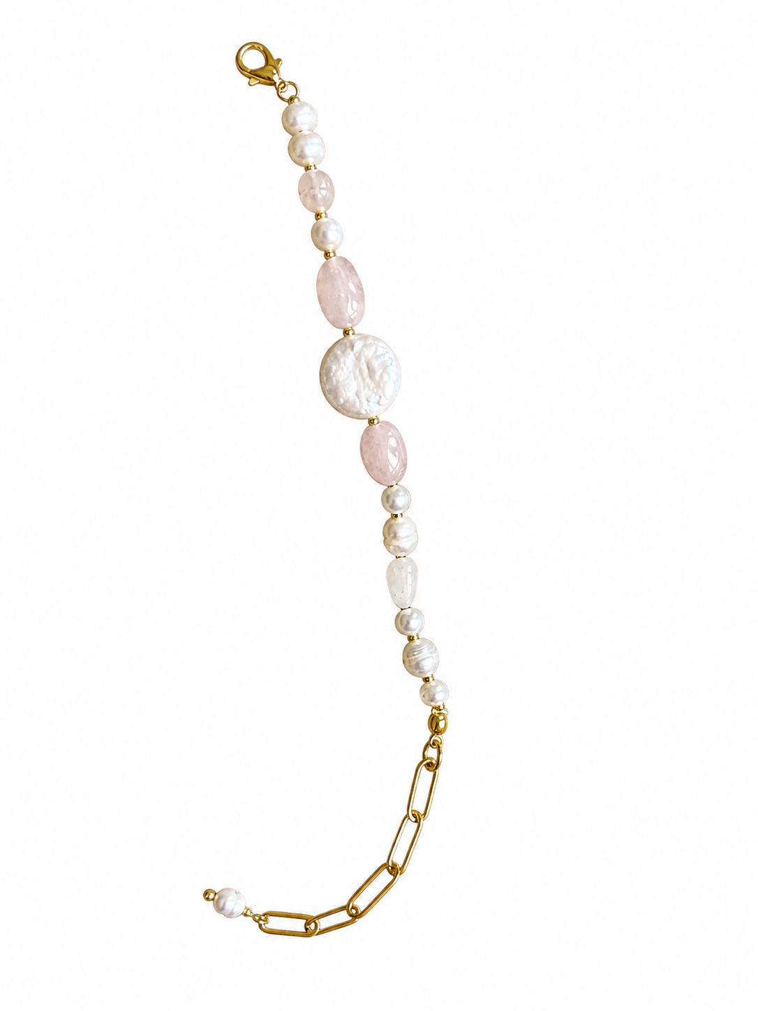 Mother of Pearl & Rose Quartz Bracelet – 18K Gold Plated Stainless Steel | Elegant Healing Crystal Jewelry for Women