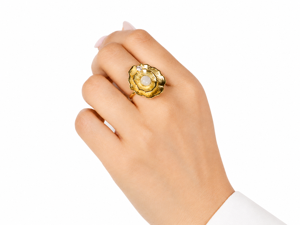 Moonstone Statement Ring – 18K Gold Plated Brass Floral Ring for Women | Elegant Adjustable Jewelry