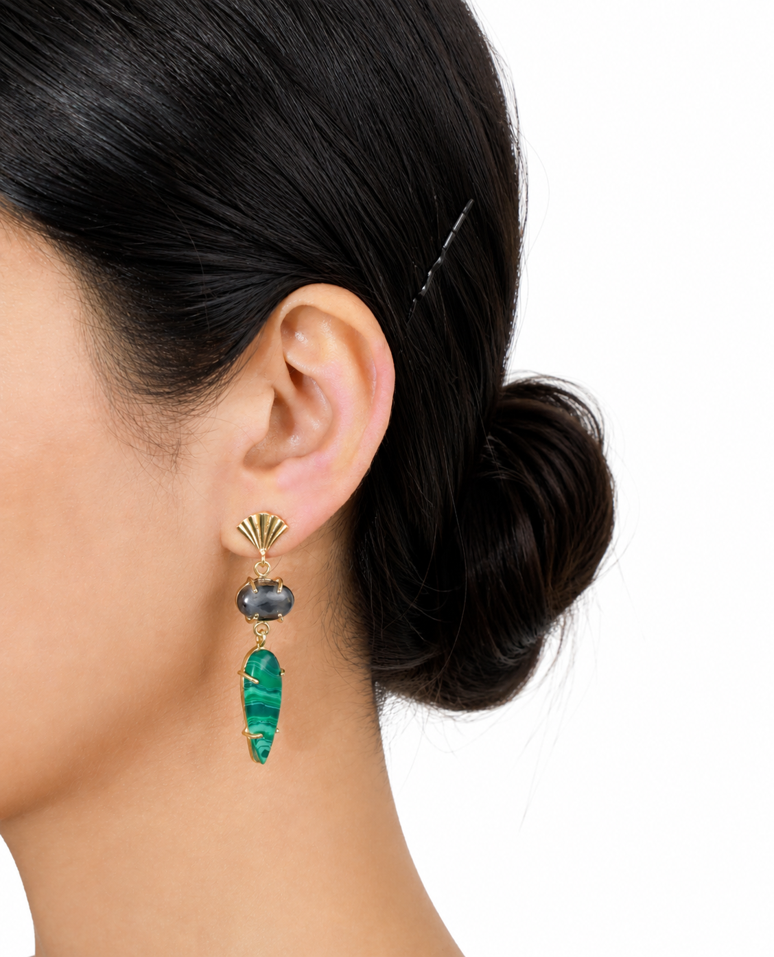Malachite & Hematite Statement Earrings in 18K Gold Plated Brass | Green Stone Drop Earrings
