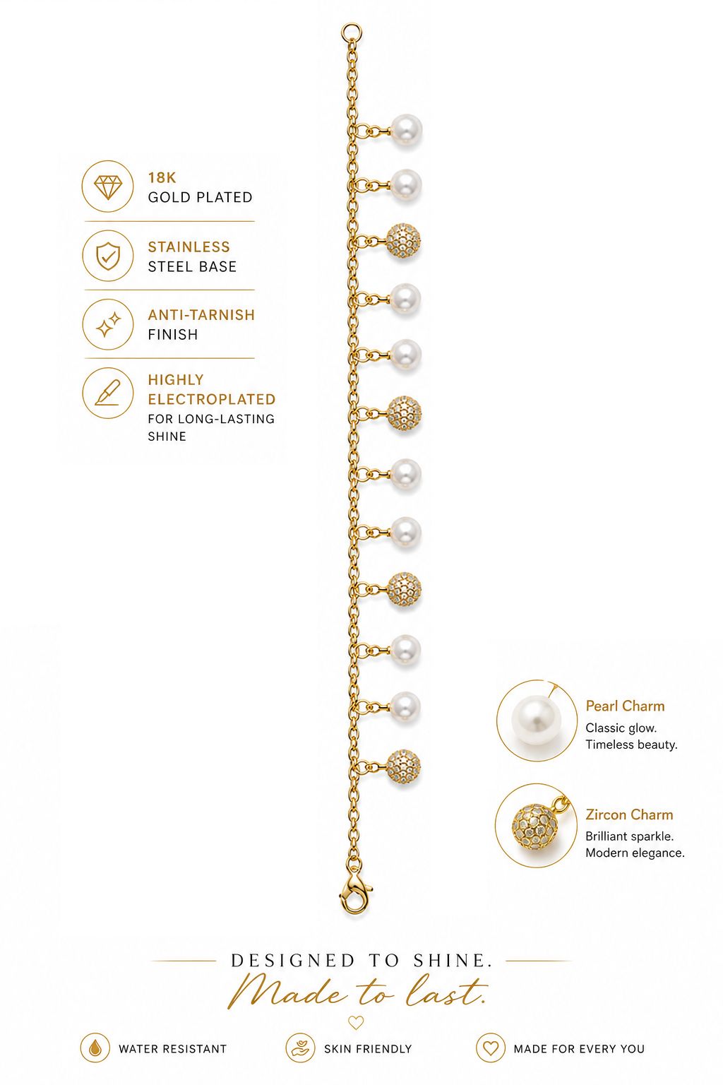 18K Gold Plated Iced Pearl Drop Bracelet