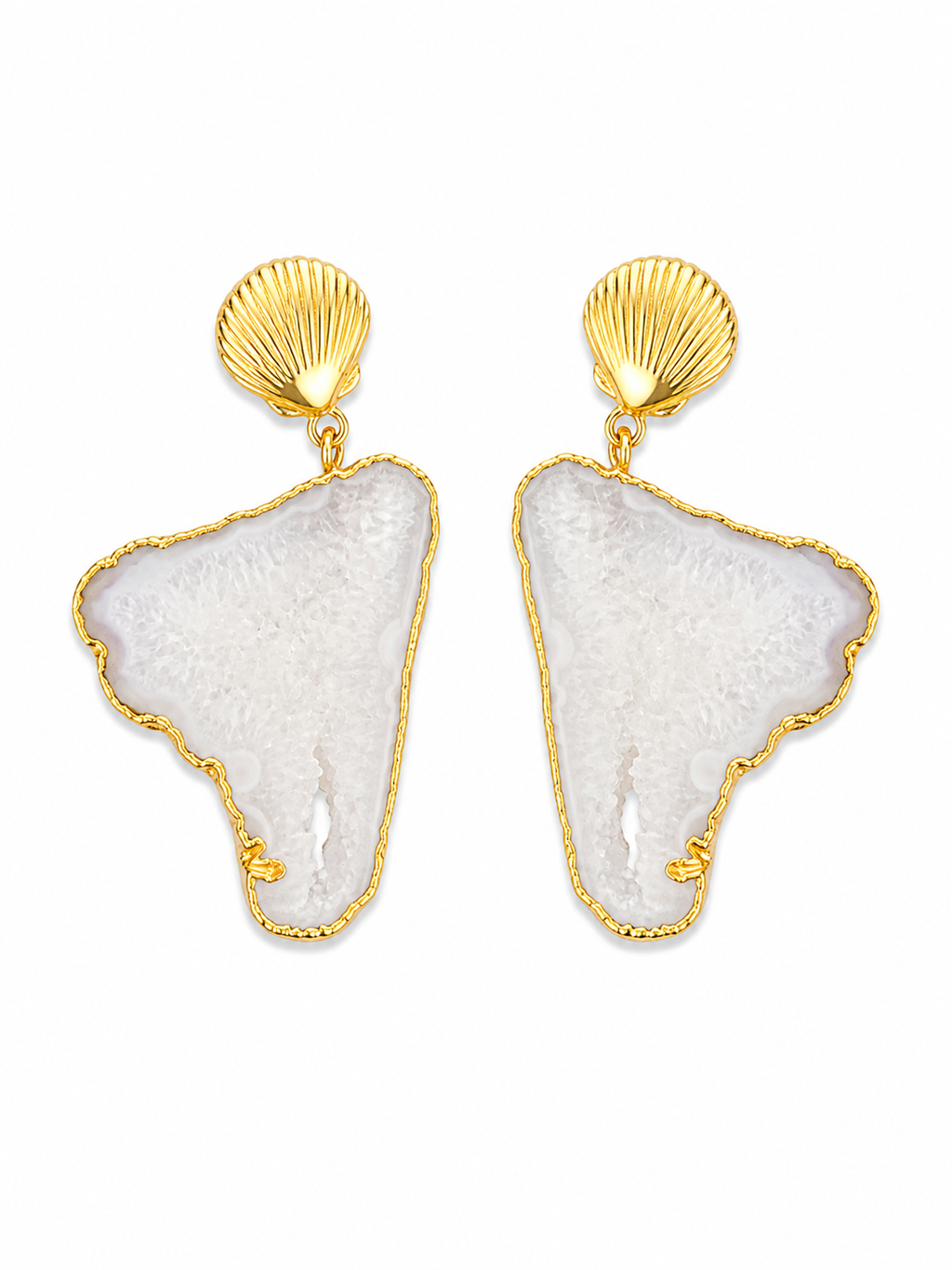 Gold Shell Drop Earrings with Natural Stone Slice | White & Purple Statement Earrings