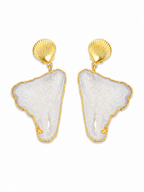 Gold Shell Drop Earrings with Natural Stone Slice | White & Purple Statement Earrings