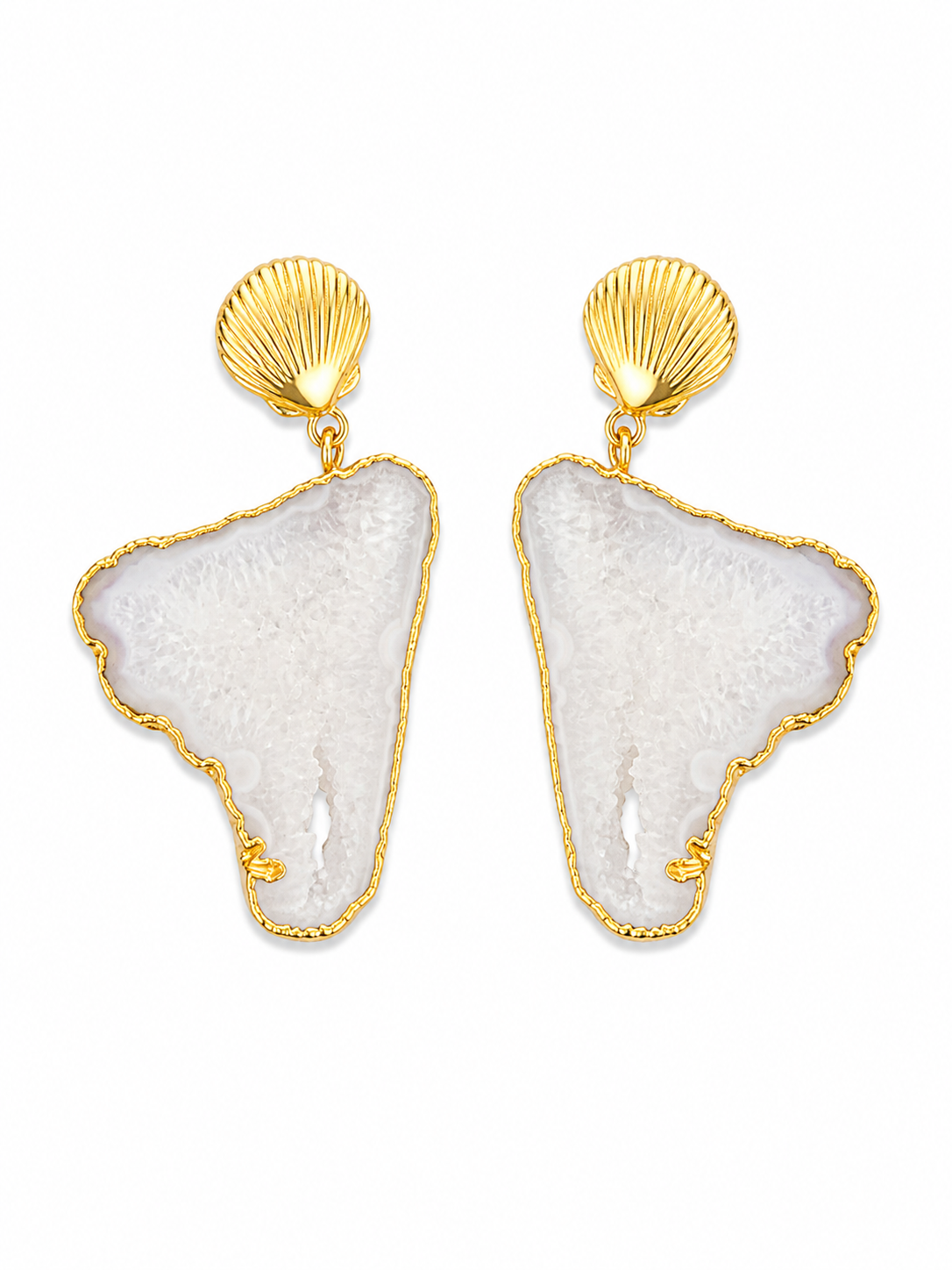 Gold Shell Drop Earrings with Natural Stone Slice | White & Purple Statement Earrings