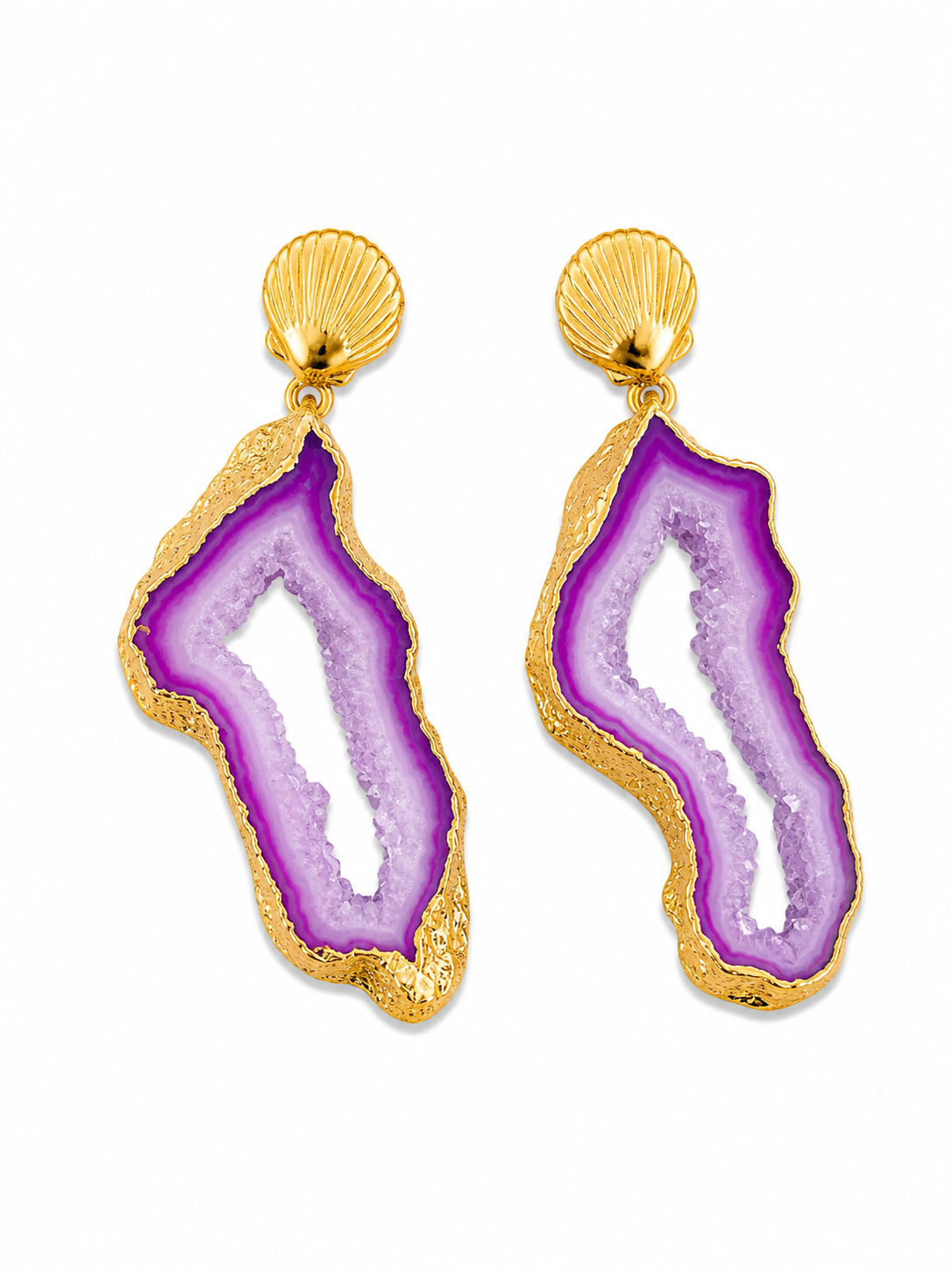 Gold Shell Drop Earrings with Natural Stone Slice | White & Purple Statement Earrings