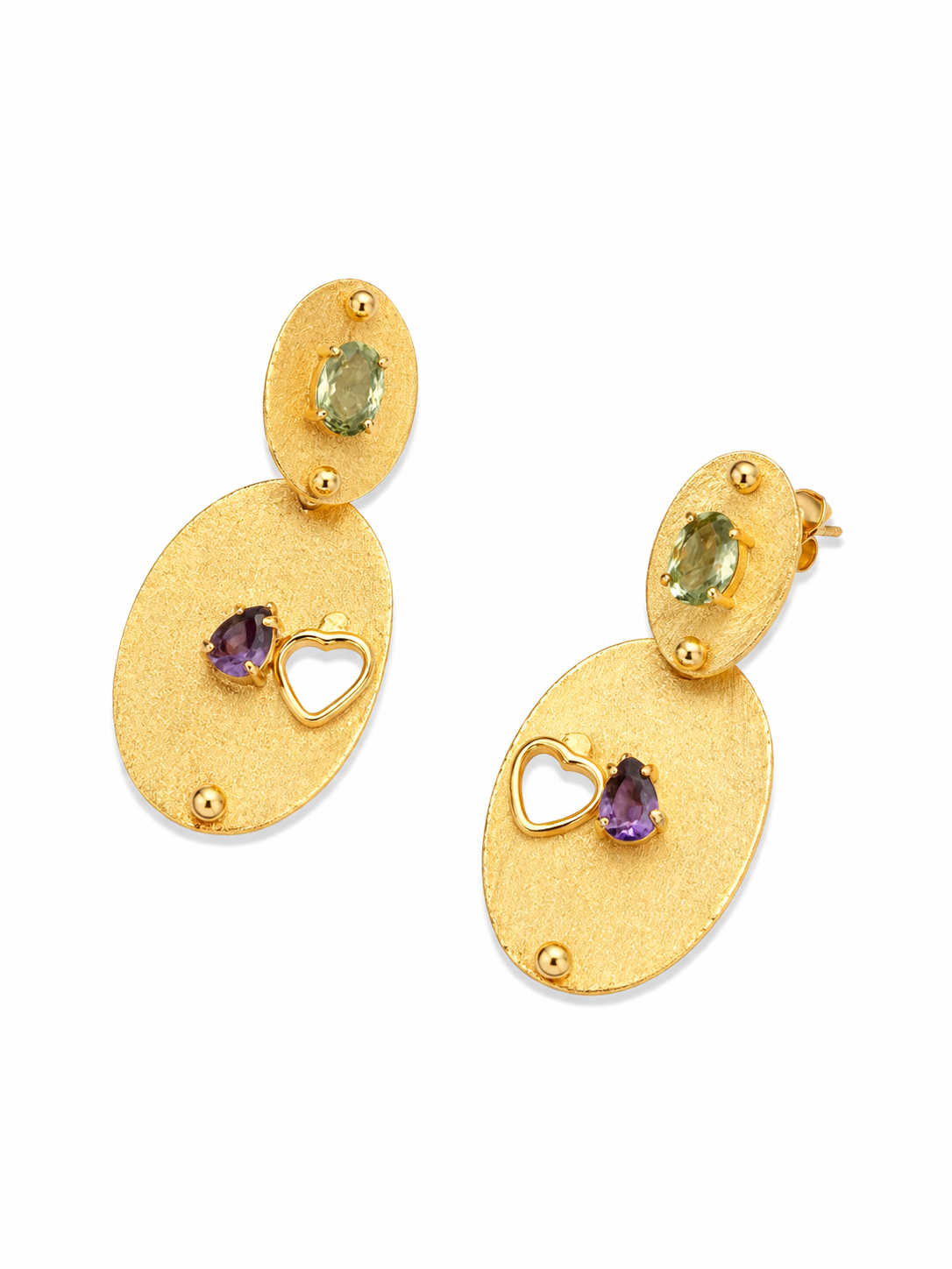 Gold Oval Statement Earrings with Green & Purple Gemstones | Heart Charm Designer Earrings