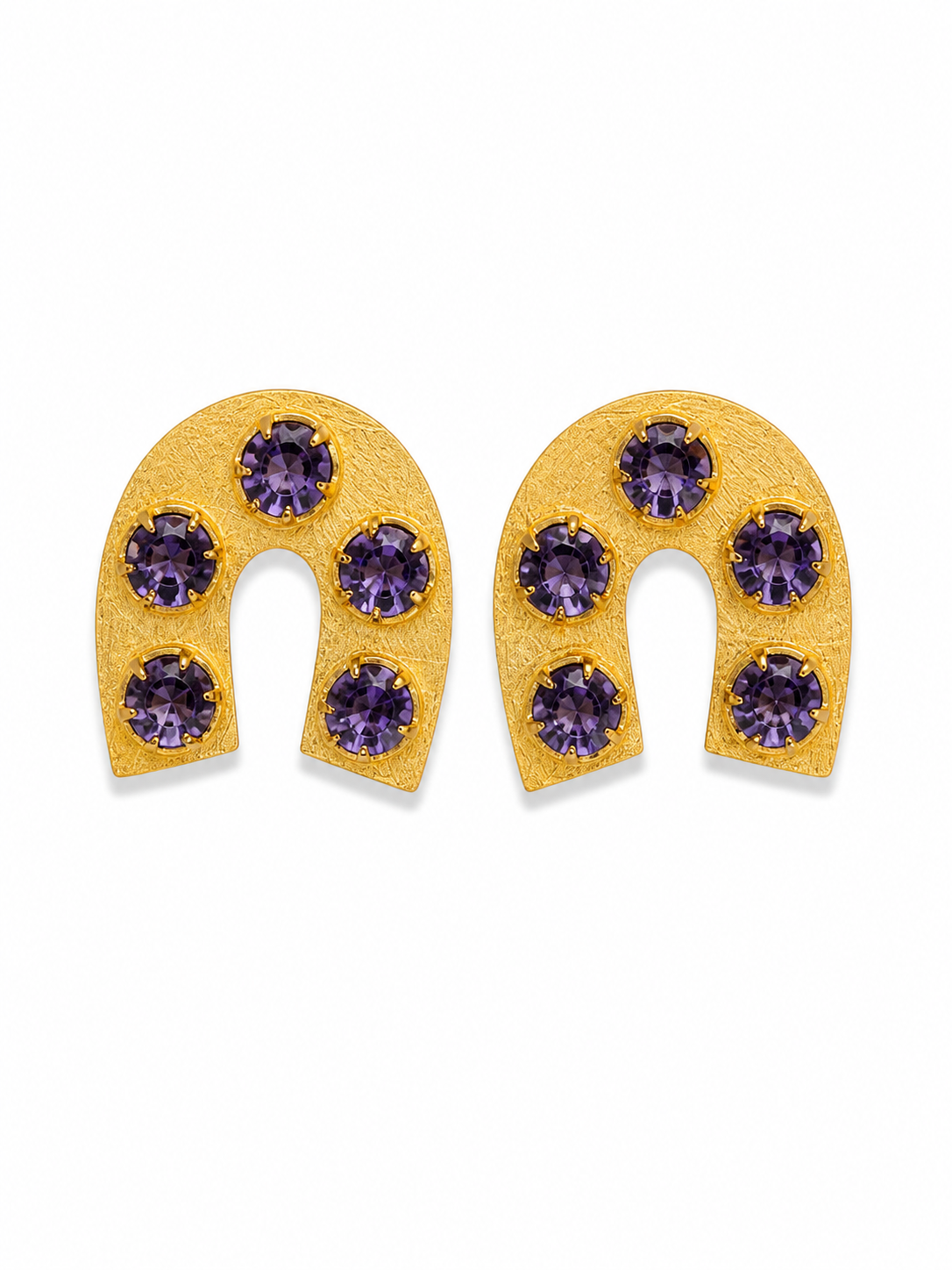 Gold Arch Statement Earrings with Crystal Stones | Purple & Teal Designer Earrings