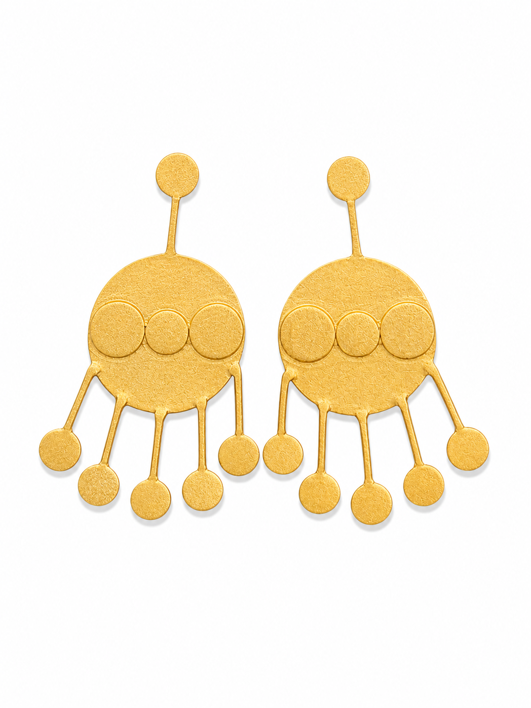 Gold Disc Statement Earrings with Dangling Charms | Textured Boho Designer Earrings